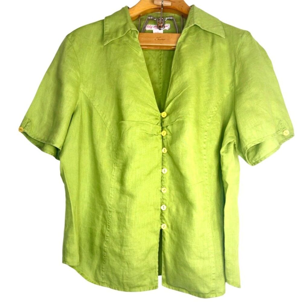 Lily Stanhope 100% Linen Light Weight Green Button Down Blouse Size: 1X